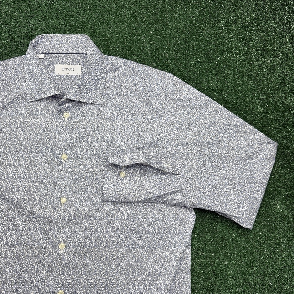 Eton Men's Long Sleeve Button Dress Shirt Size 41 16 Slim Floral Print Blue